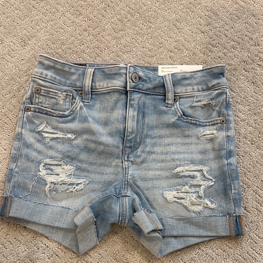 American Eagle Outfitters Light Wash Distressed Denim Shorts Midi